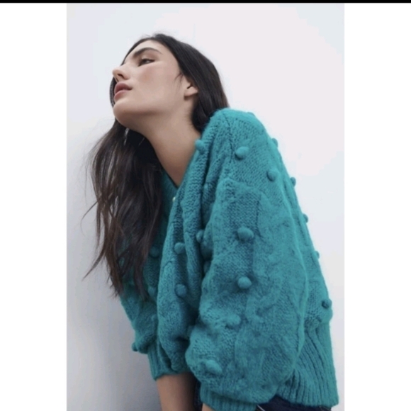 ZARA BLUE PEARL CRYSTAL BUTTON KNIT CARDIGAN sz M - Picture 1 of 8